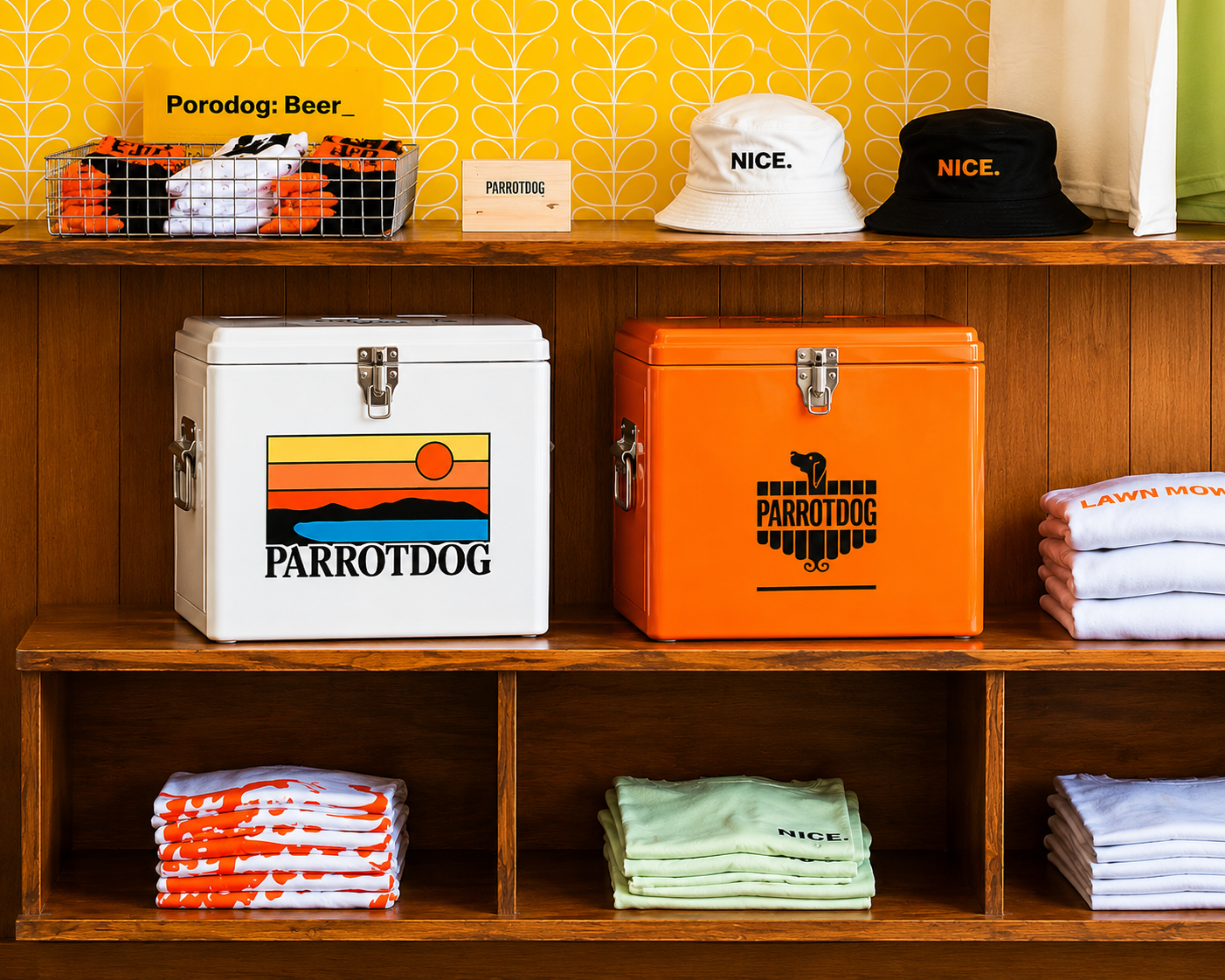 Parrotdog branded merchandise and apparel displayed on retail shelving